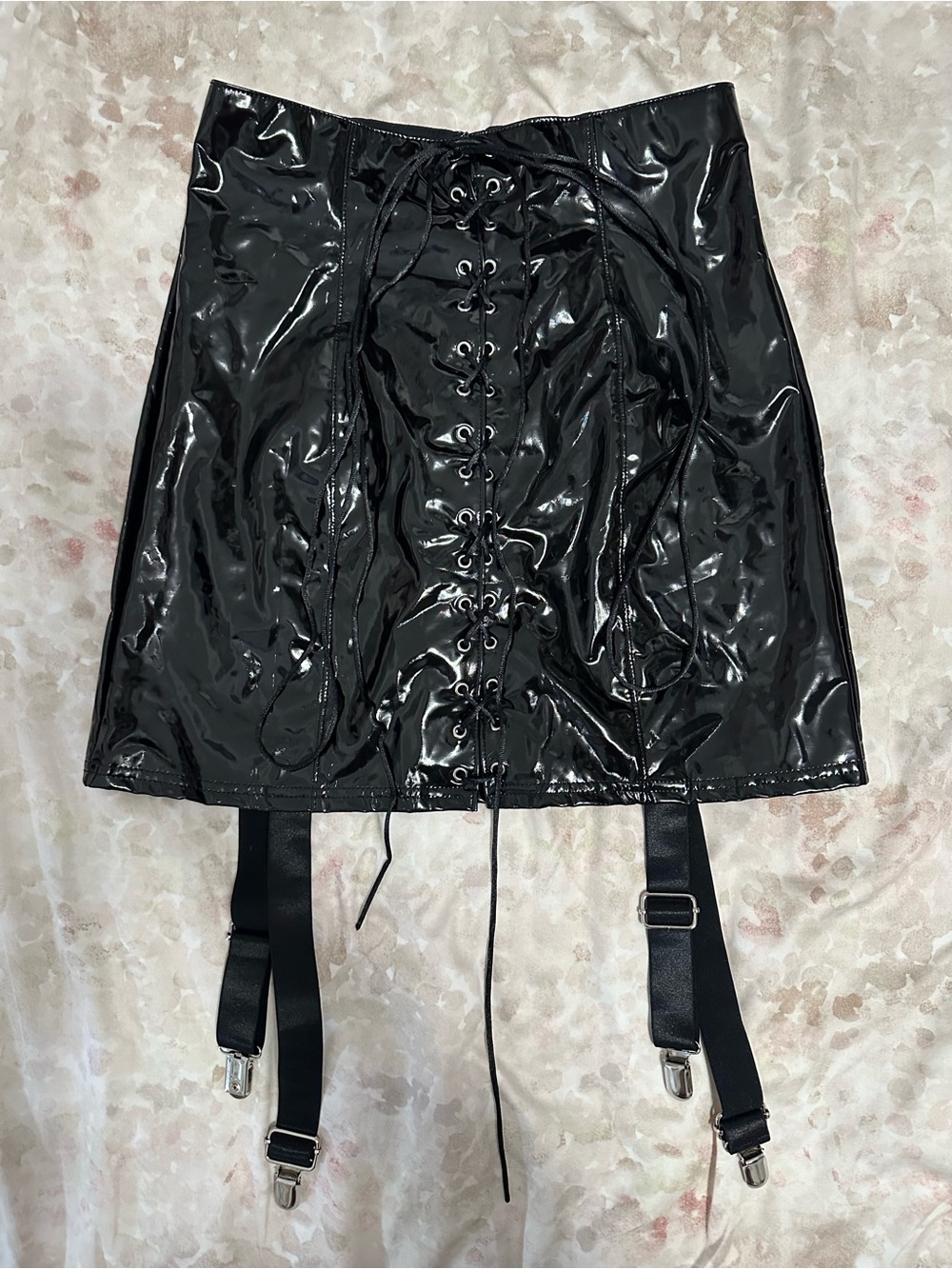 Dolls Kill Black Glossy Lace-Up Garter Mini Skirt